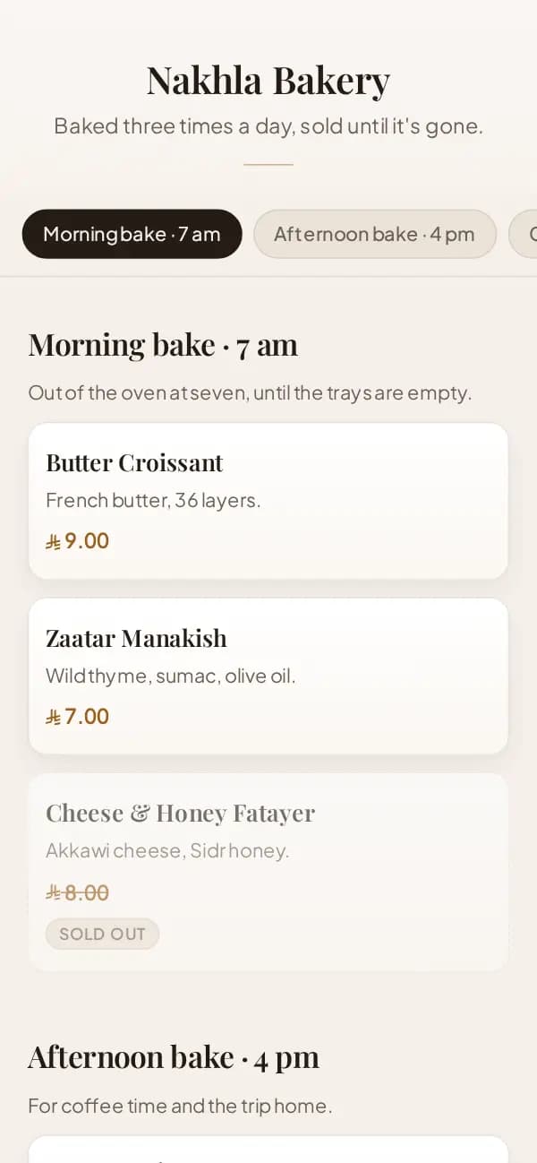 Example: Nakhla Bakery's batches in the Dorée template, with a tray already sold out.