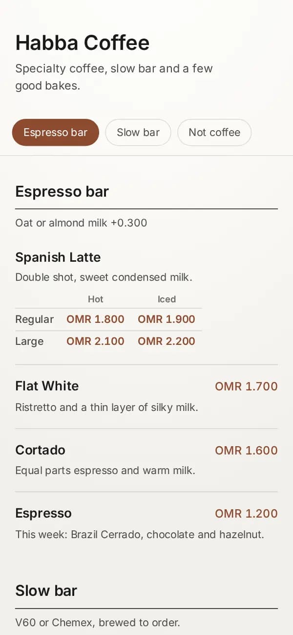 Example: Habba Coffee's drinks in the Minimal Paper template, with sizes and hot or iced prices.