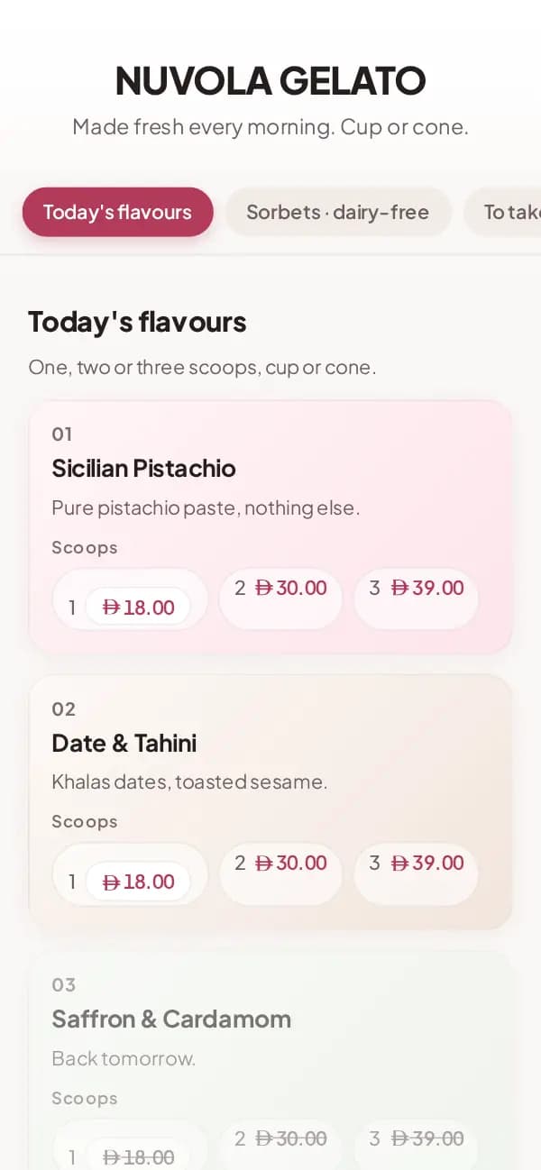 Example: Nuvola Gelato's flavour board in the Velvet Cream template, with prices for one, two or three scoops.