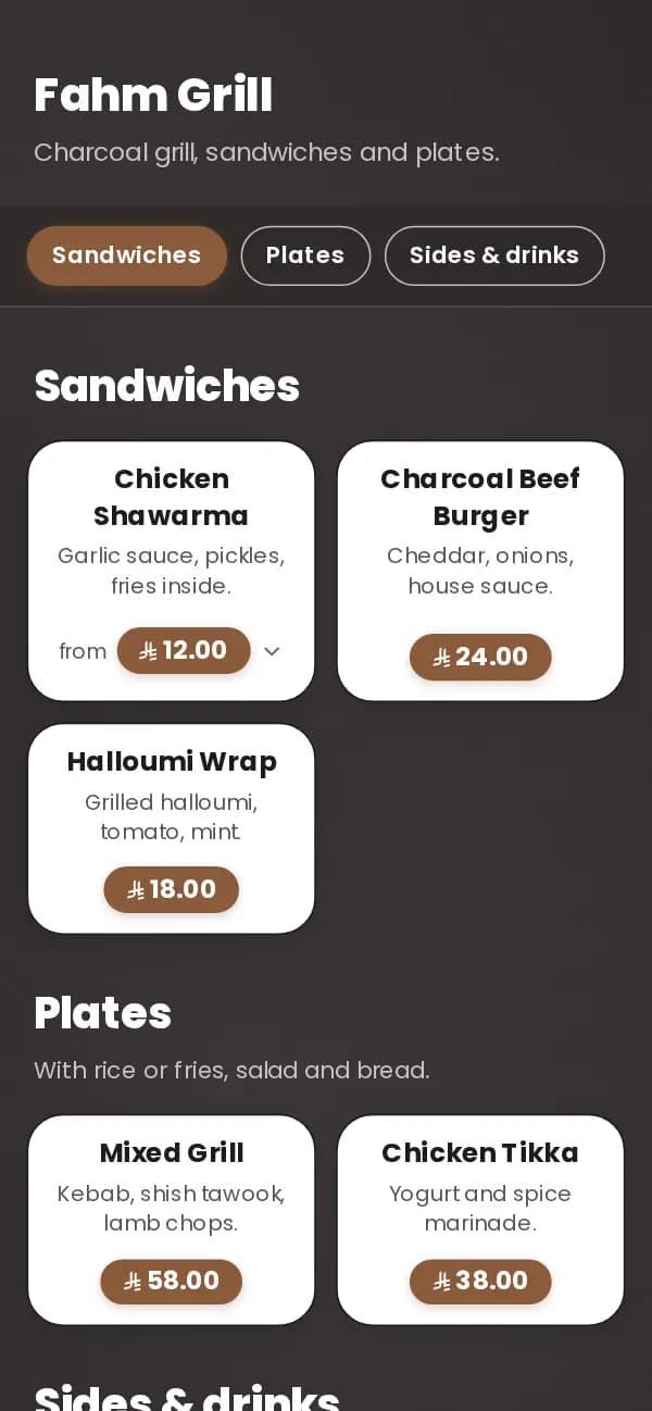 Example: Fahm Grill's menu in the Chalkboard Cards template, set up from a one-page price list.